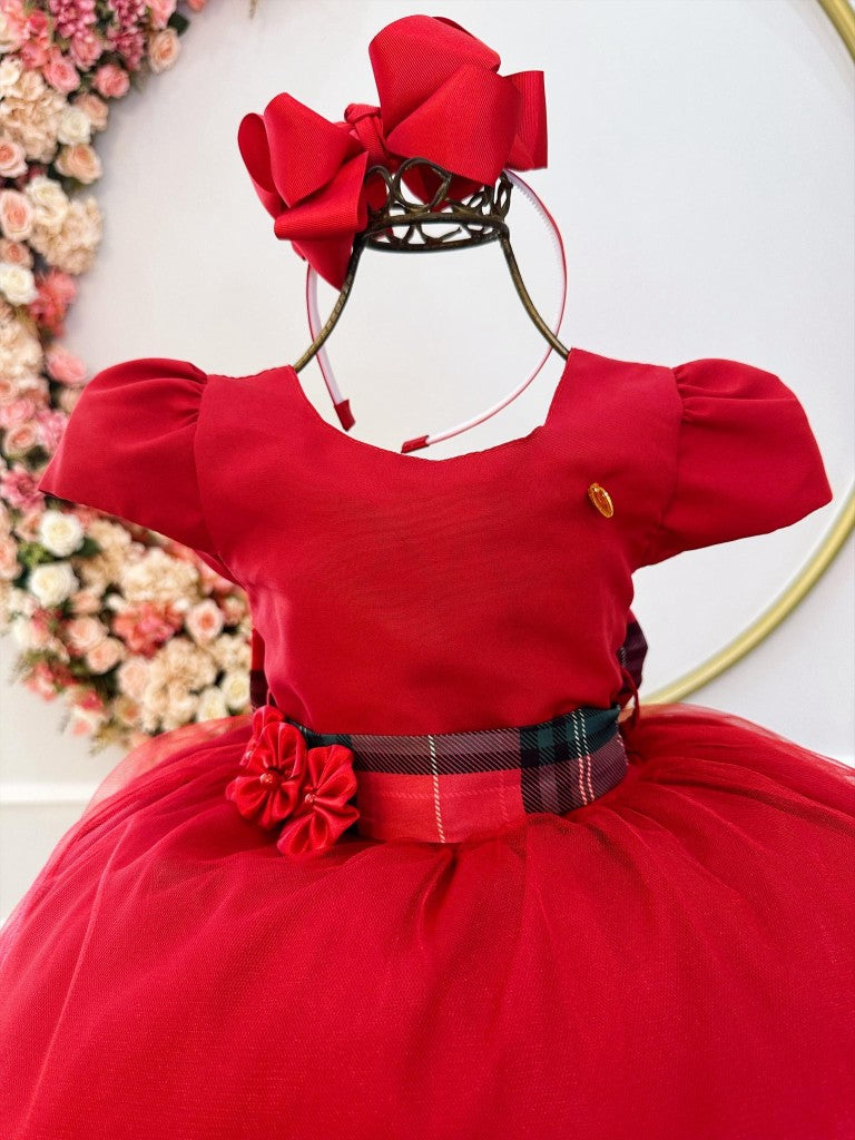 Vestido infantil rojo con broche de flores para fiestas navideñas