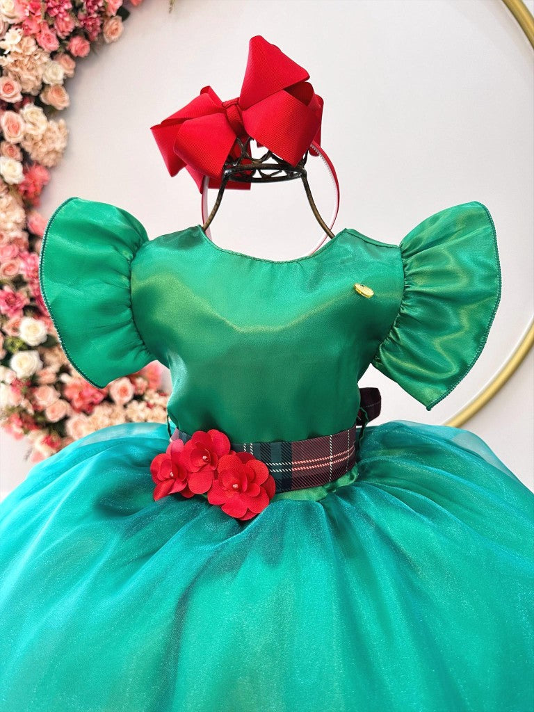 Vestido infantil verde con broche de flores para fiestas navideñas