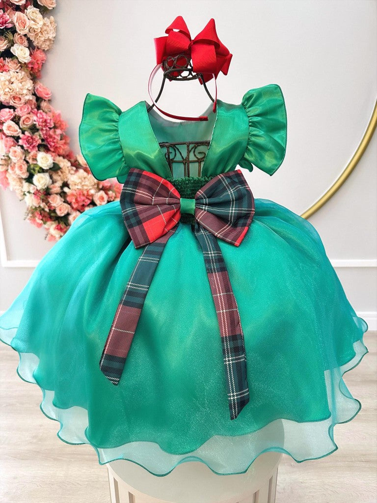 Vestido infantil verde con broche de flores para fiestas navideñas
