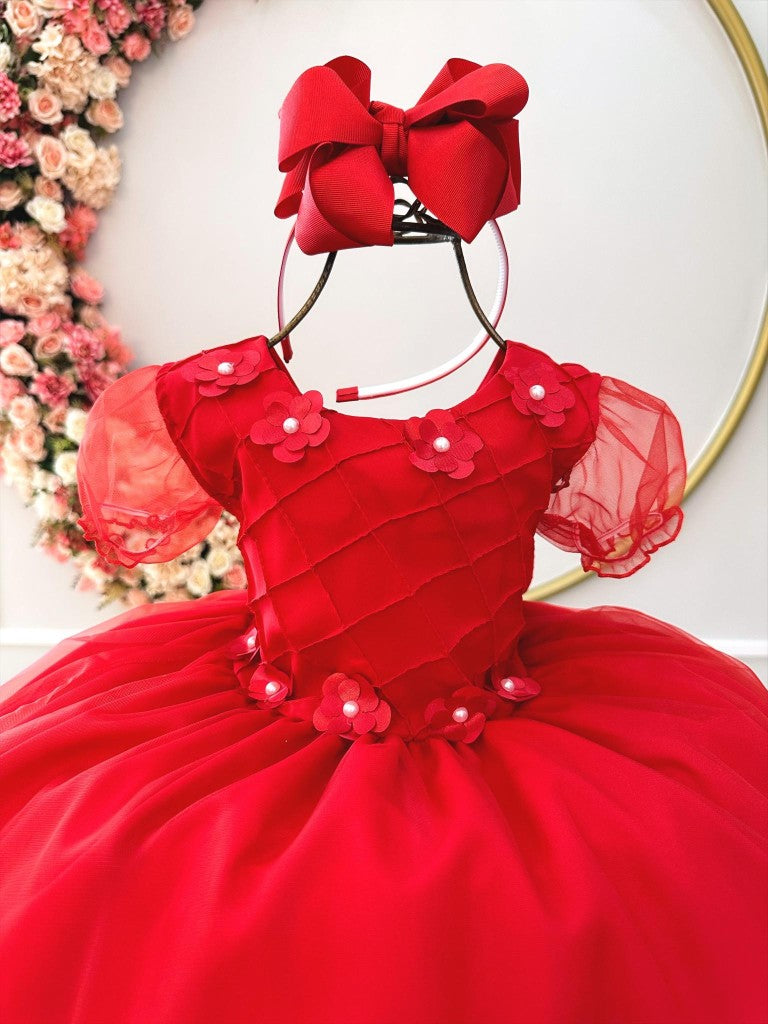 Vestido infantil rojo con busto, apliques acanalados y flores