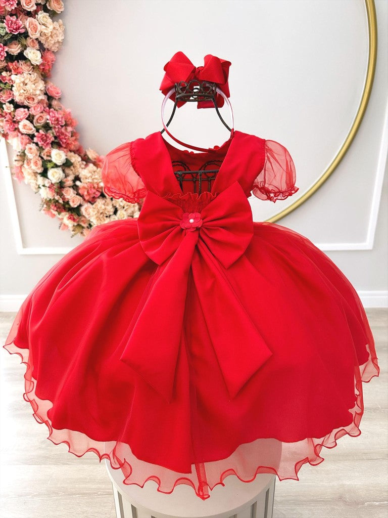 Vestido infantil rojo con busto, apliques acanalados y flores