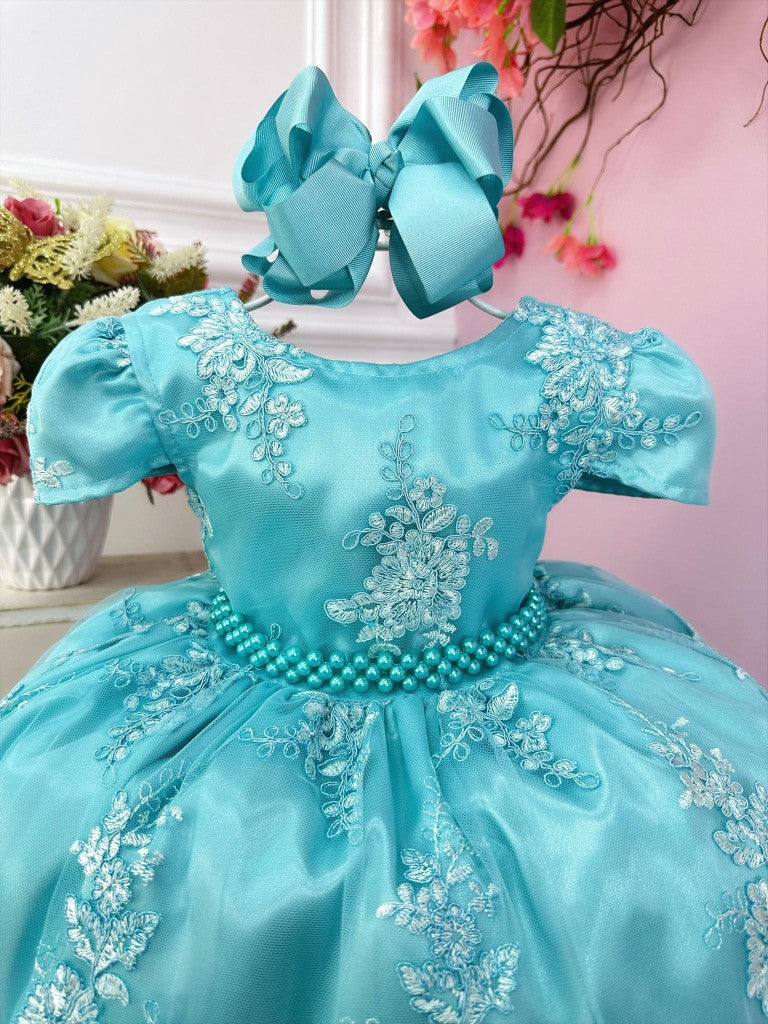 Vestido infantil verde con encaje real y perlas