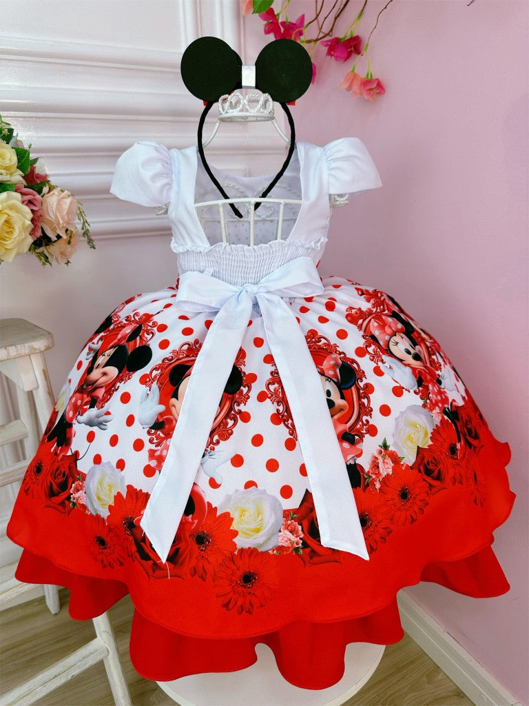 Vestido de Minnie Mouse con lunares rojos y perlas y tiara
