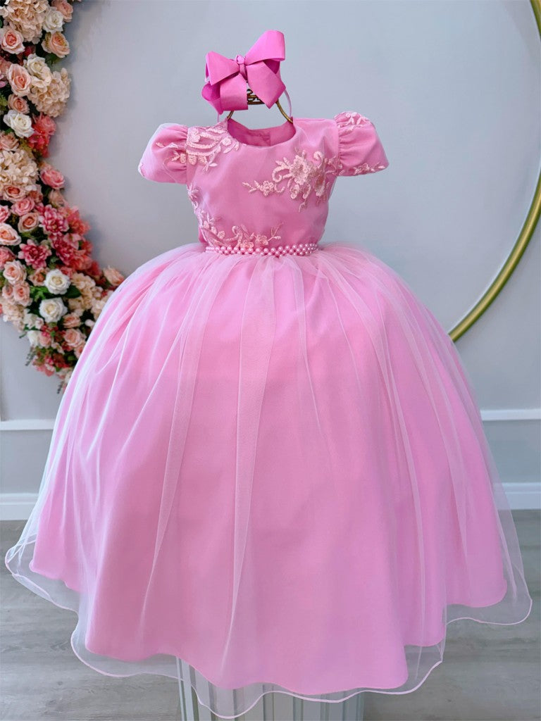 Vestido de niña de flores rosa con encaje y cinturón de perlas