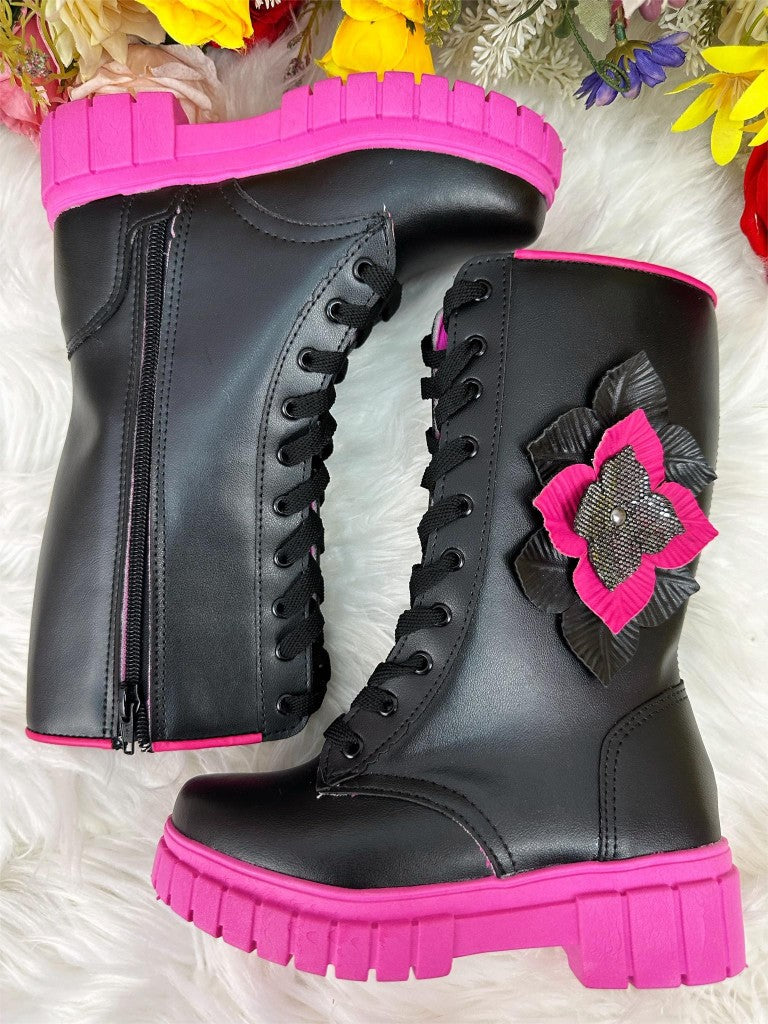 Botas altas para niños negras y rosas con cordones y cremallera