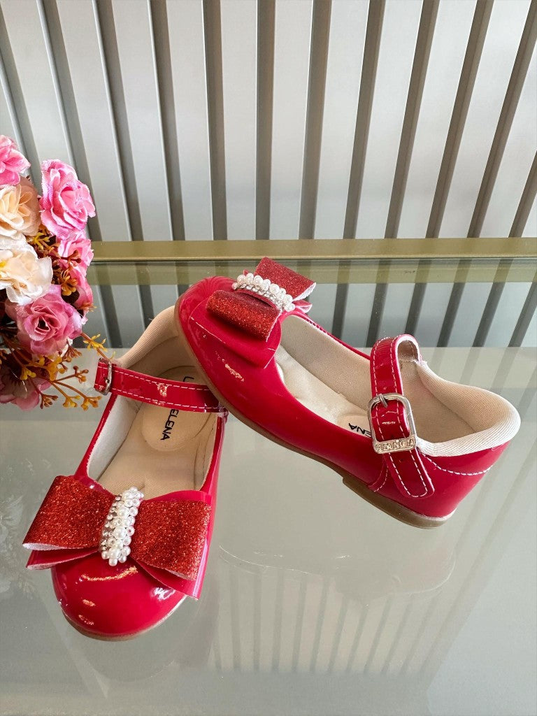 Aplique de lazo con barniz para zapatos rojo y purpurina de diamantes de imitación