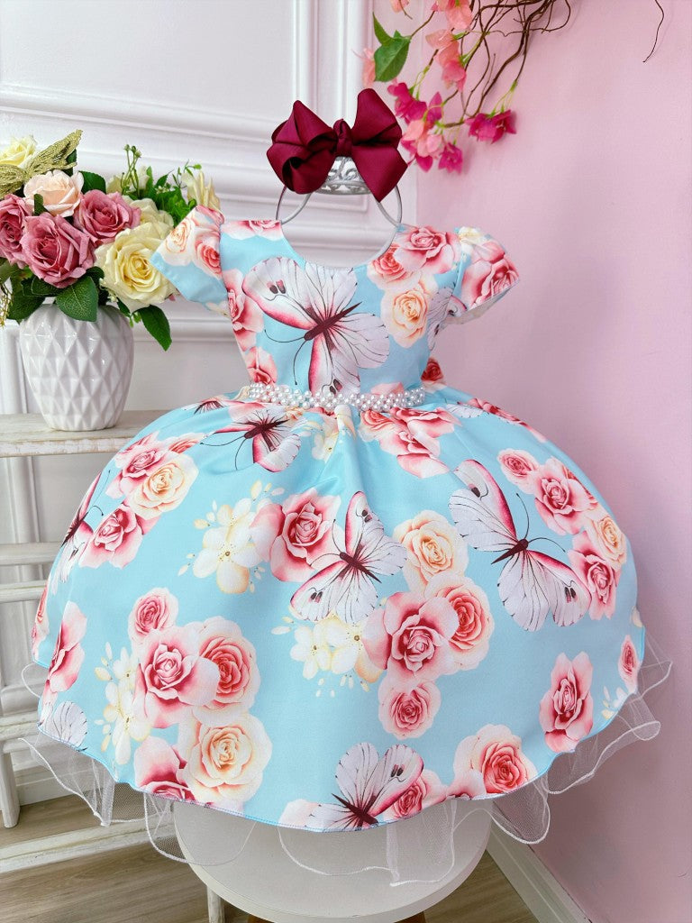 Vestido infantil de jardín de mariposas azules con perlas