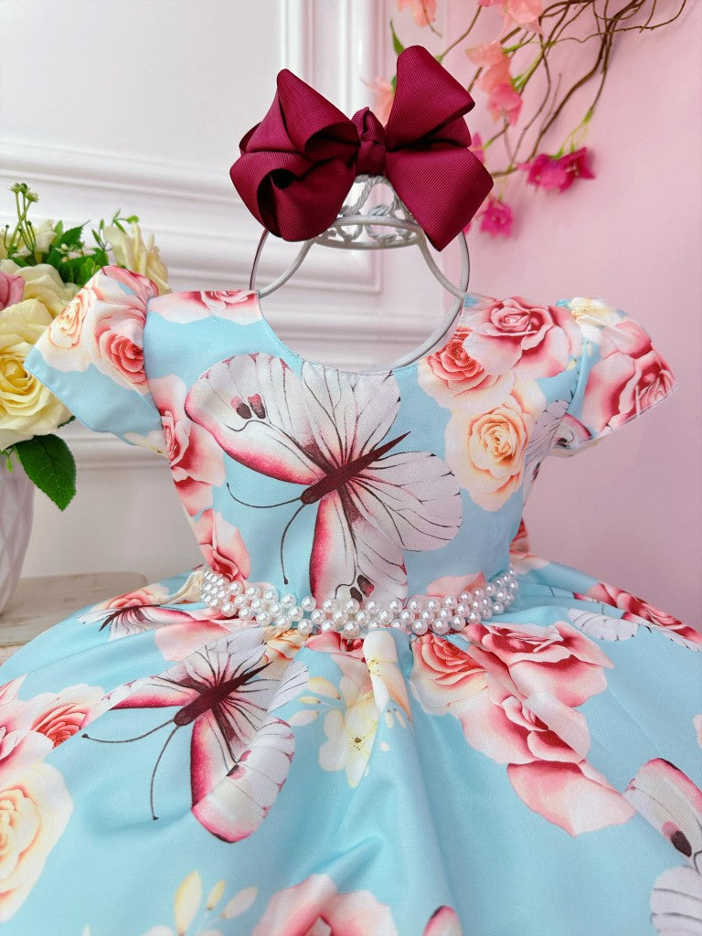 Vestido infantil de jardín de mariposas azules con perlas