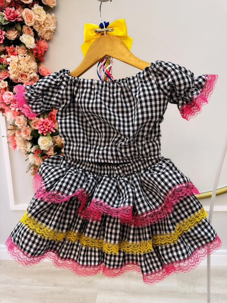 Conjunto corto de cuadros negros Junino para niña con minifalda