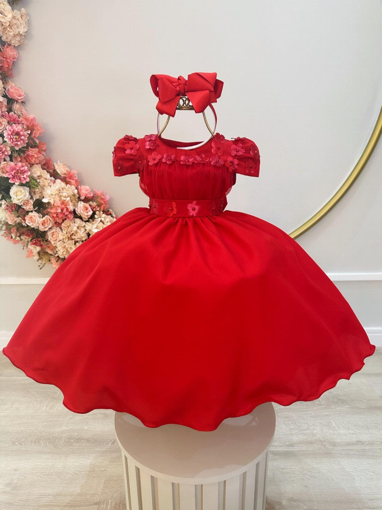 Vestido infantil rojo con busto de tul y aplique de flores