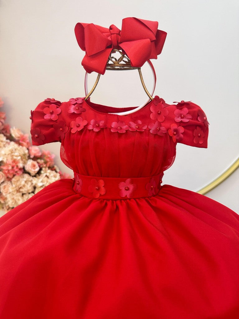 Vestido infantil rojo con busto de tul y aplique de flores