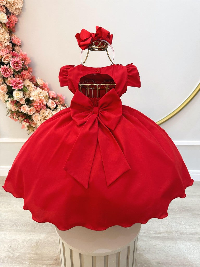 Vestido infantil rojo con busto de tul y aplique de flores