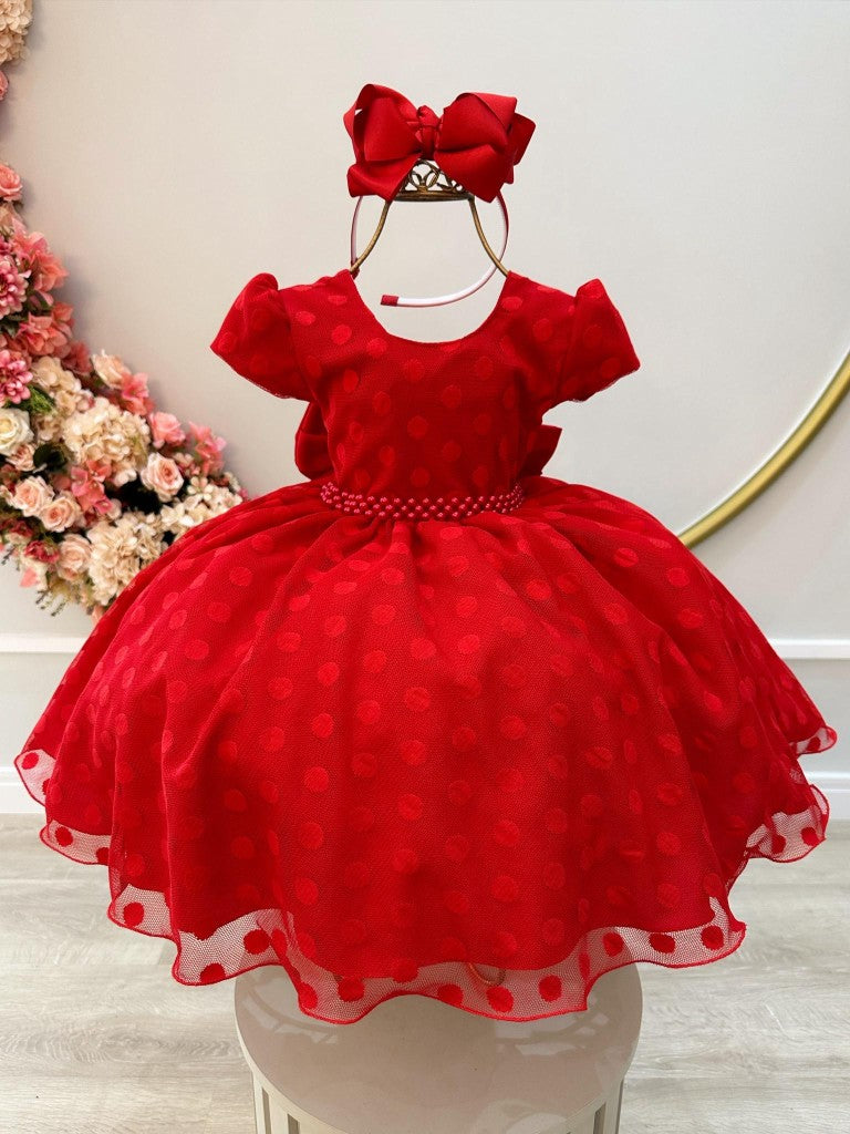 Vestido infantil de tul rojo con lunares y cinturón de perlas