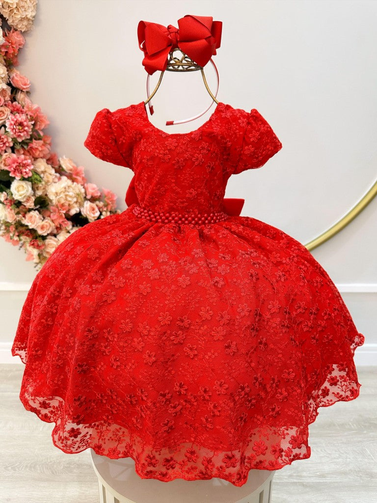 Vestido infantil de tul rojo con encaje floral y cinturón de perlas