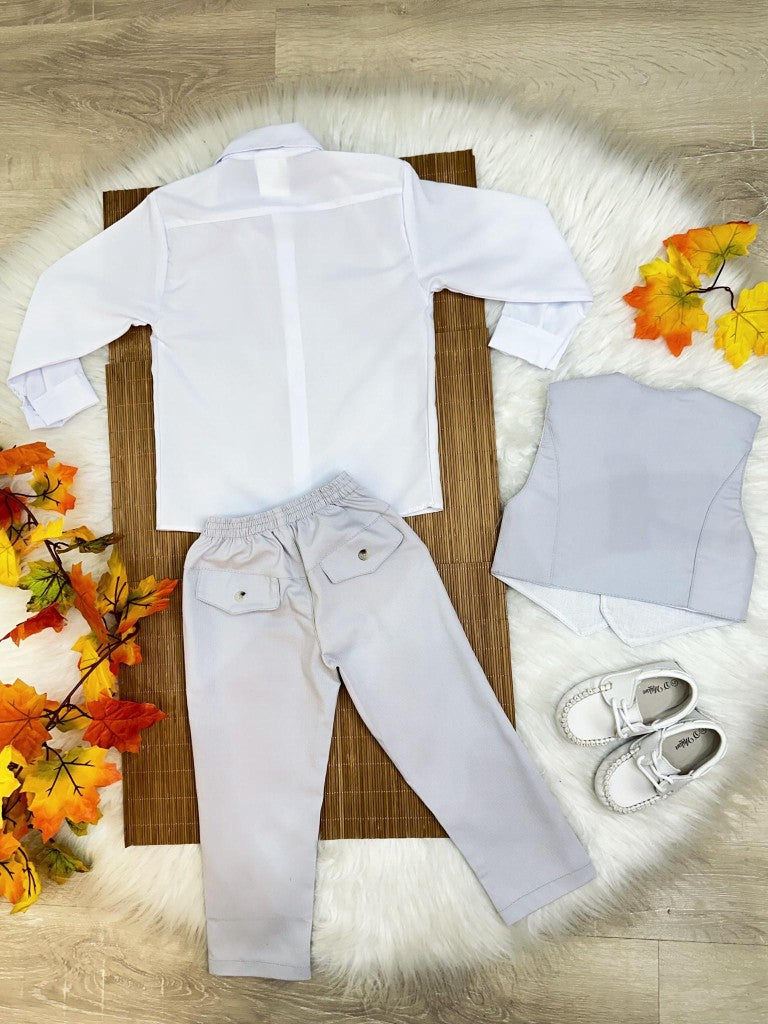 Conjunto Formal: Chaleco, Pantalón, Corbata Gris y Camisa Blanca