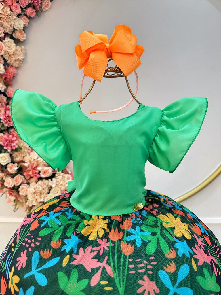 Vestido Infantil Verde Com Saia Florida Colorida Luxo