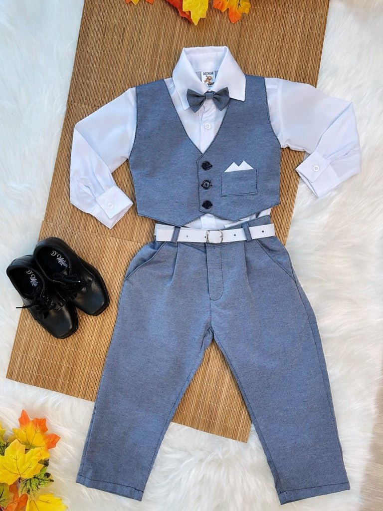 Conjunto Formal: Chaleco, Corbata, Pantalón Gris y Camisa Blanca