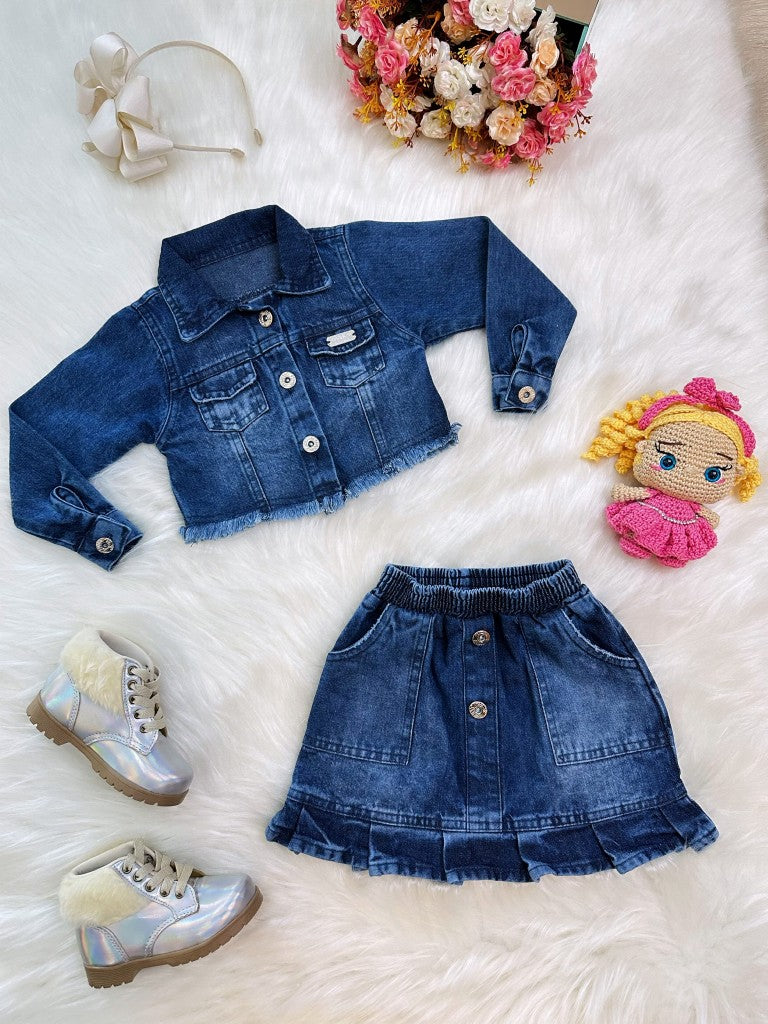 Conjunto de chaqueta y falda vaquera azul informal para niños