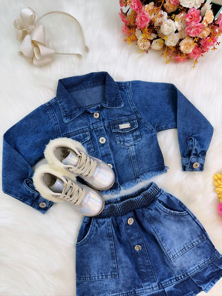 Conjunto de chaqueta y falda vaquera azul informal para niños