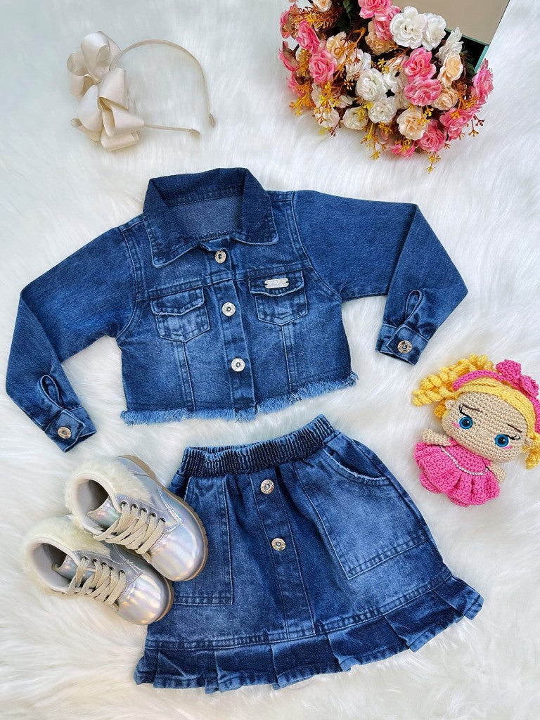 Conjunto de chaqueta y falda vaquera azul informal para niños