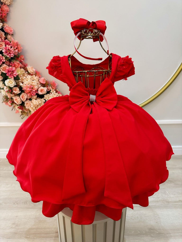 Vestido infantil rojo con busto y apliques de flores de encaje