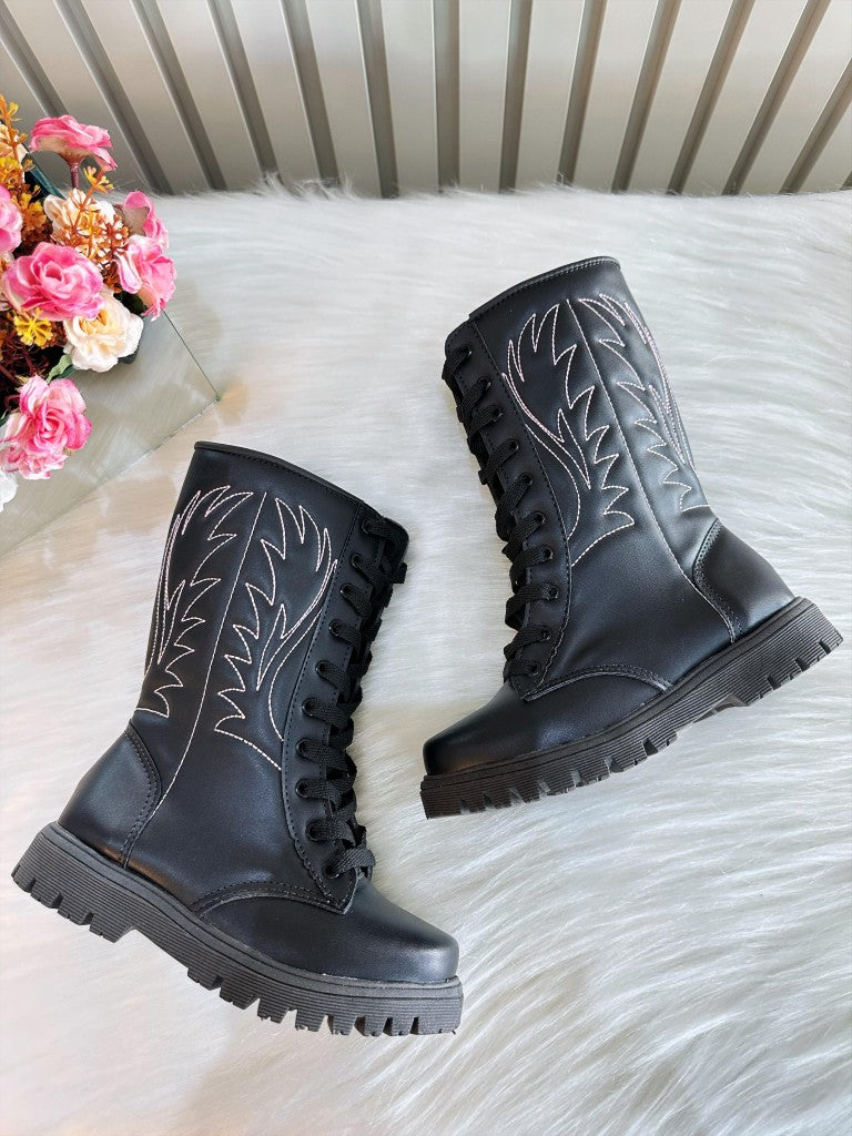 Bota Boiadeira Infantil, Caña Alta, Negra, Cordones y Cremallera