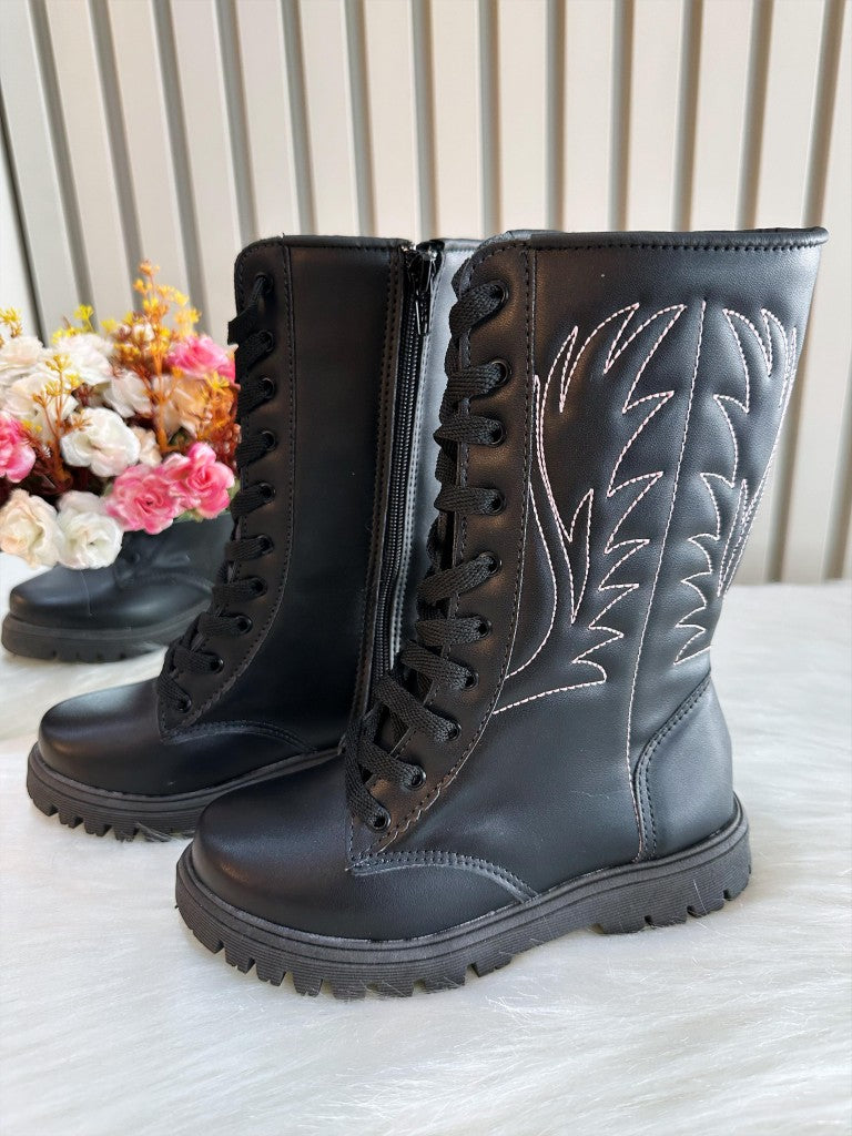 Bota Boiadeira Infantil, Caña Alta, Negra, Cordones y Cremallera