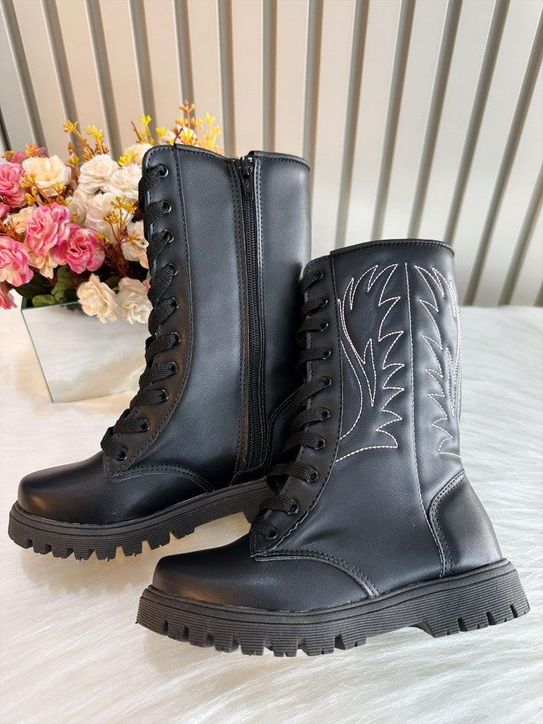 Bota Boiadeira Infantil, Caña Alta, Negra, Cordones y Cremallera