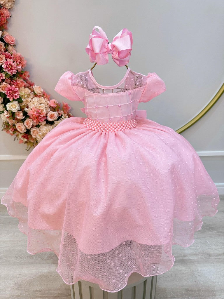 Vestido infantil rosa claro con busto acanalado y tul palomitas