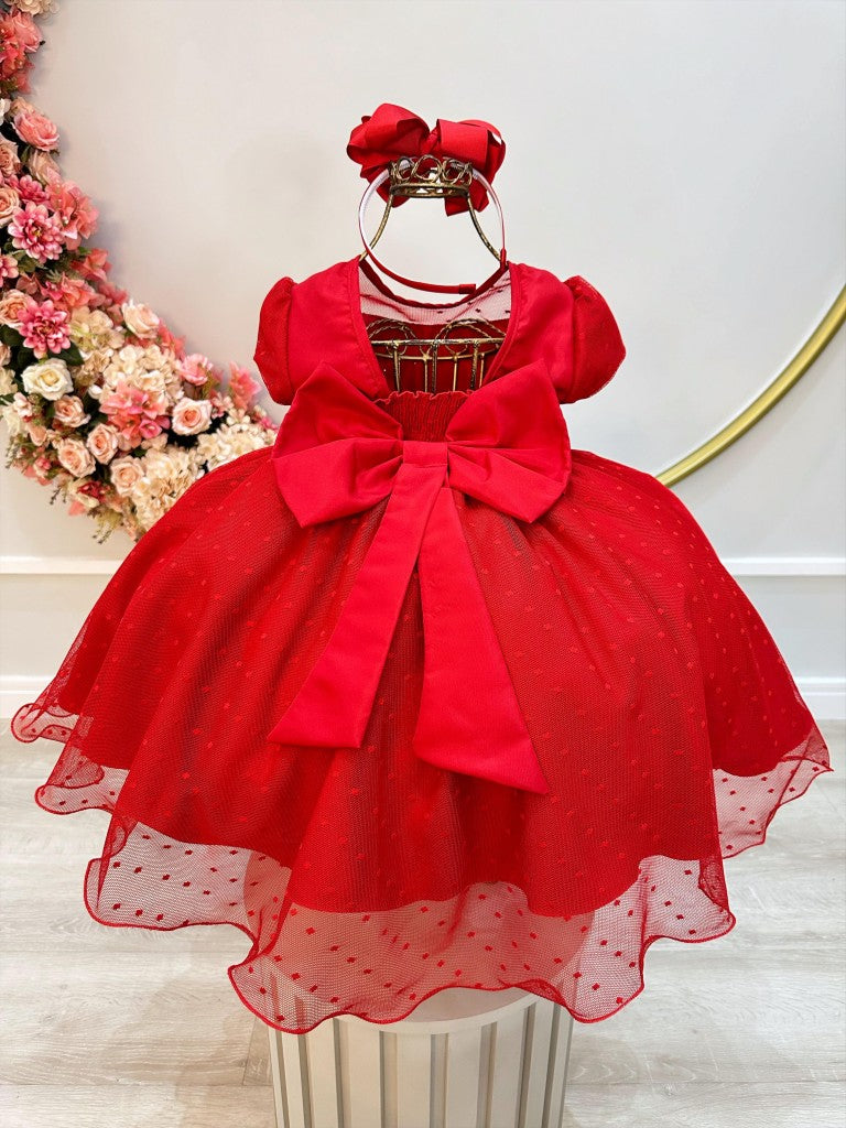 Vestido infantil rojo con busto acanalado y tul palomitas