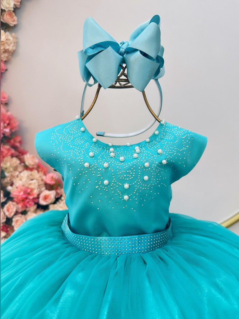 Vestido infantil verde con perlas y pedrería