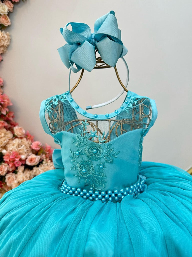 Vestido infantil verde con encaje y cinturón de perlas para niñas de flores