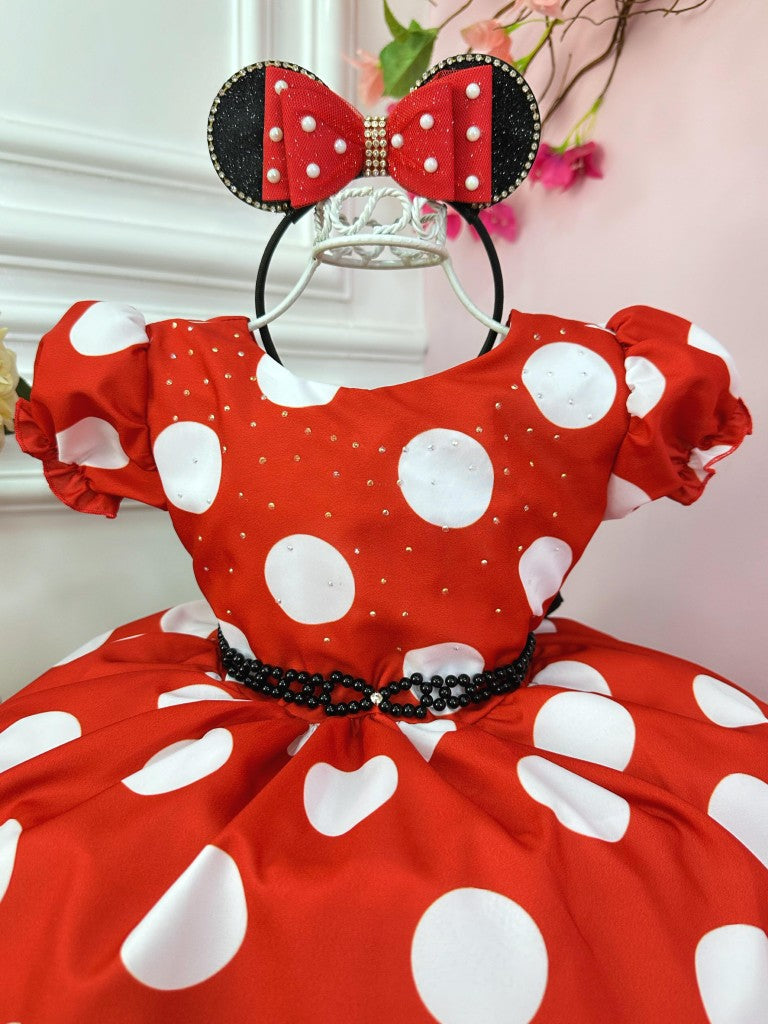 Vestido infantil de Minnie Mouse rojo con pedrería para fiestas