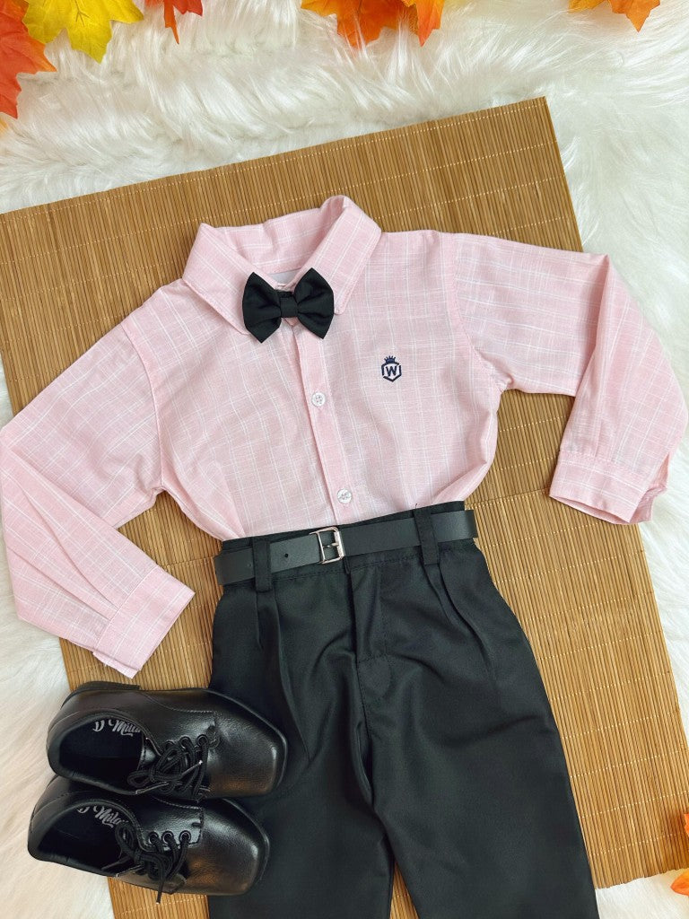 Conjunto Infantil: Camisa Rayas Salmón y Pantalón Negro con Cinturón