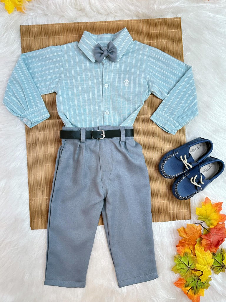 Conjunto Infantil: Camisa de Rayas Verdes y Pantalón Gris con Cinturón