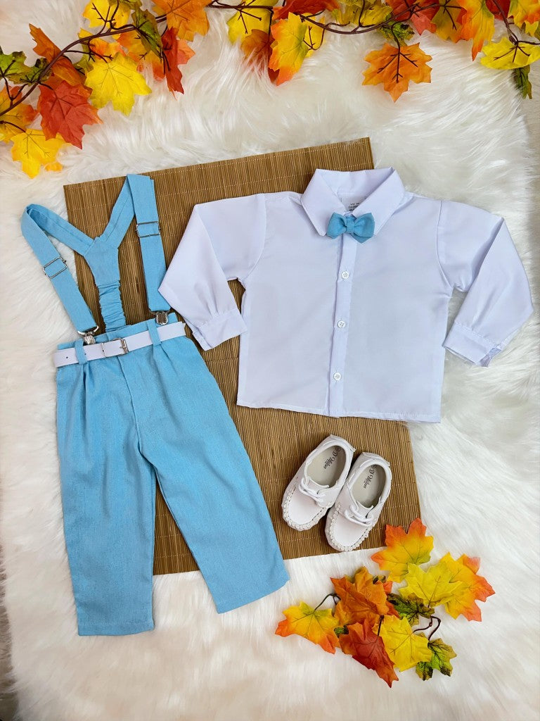 Conjunto infantil: Camisa blanca con pantalón de tirantes y corbata azul