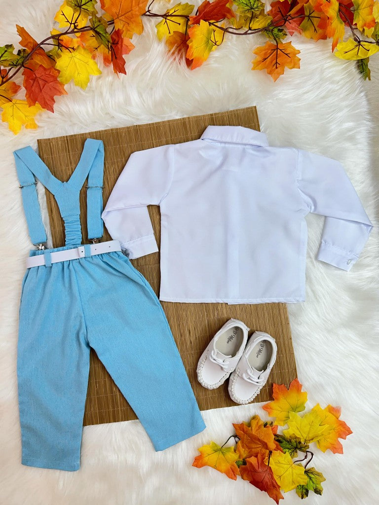 Conjunto infantil: Camisa blanca con pantalón de tirantes y corbata azul