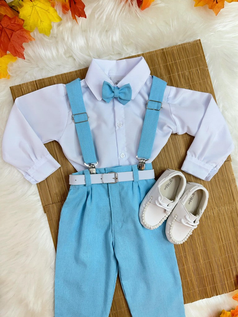 Conjunto infantil: Camisa blanca con pantalón de tirantes y corbata azul