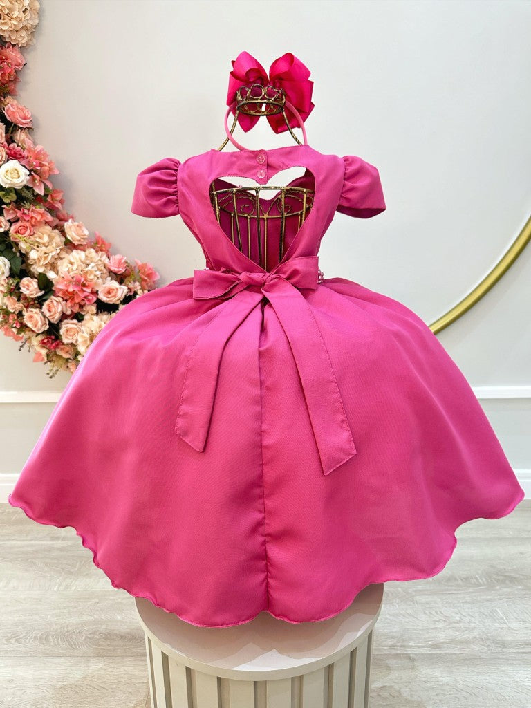 Vestido infantil rosa oscuro con cinturón de perlas para niñas de flores de lujo