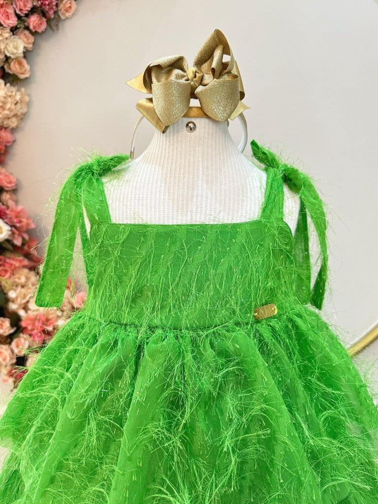 Vestido infantil verde con tirantes y plumas de lujo