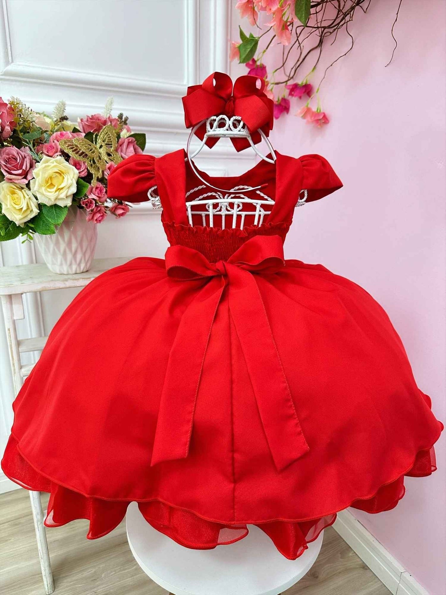 Vestido infantil rojo con cinturón de perlas, boda de lujo