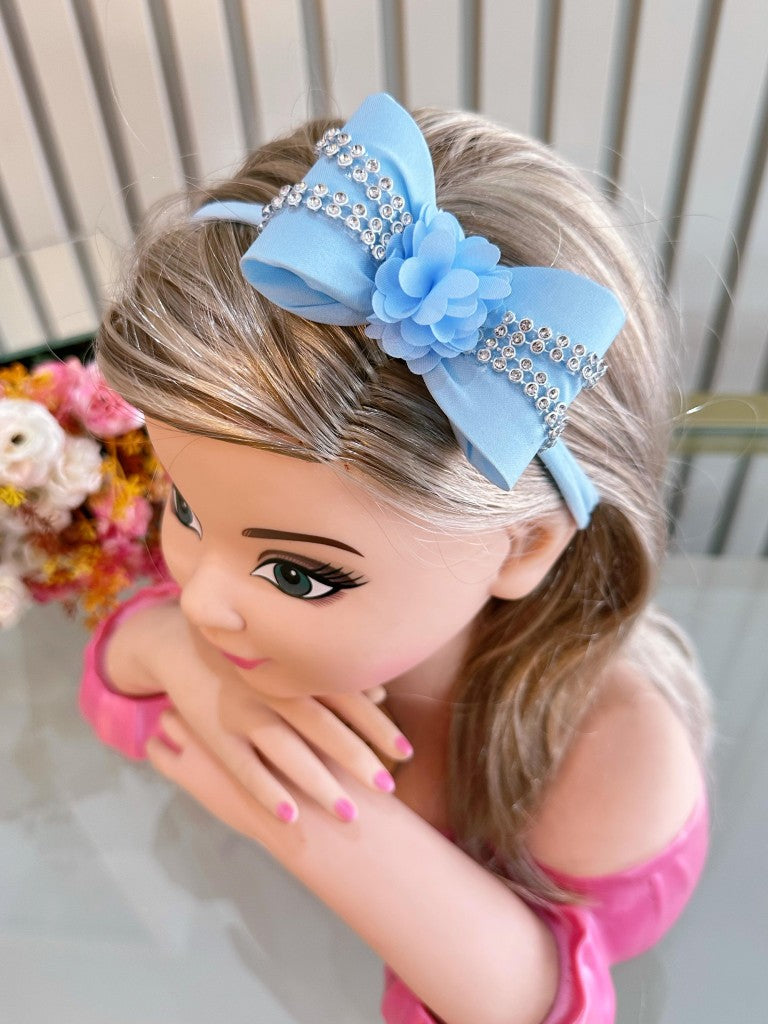 Diadema para bebé con lazo de flores y pedrería en varios colores