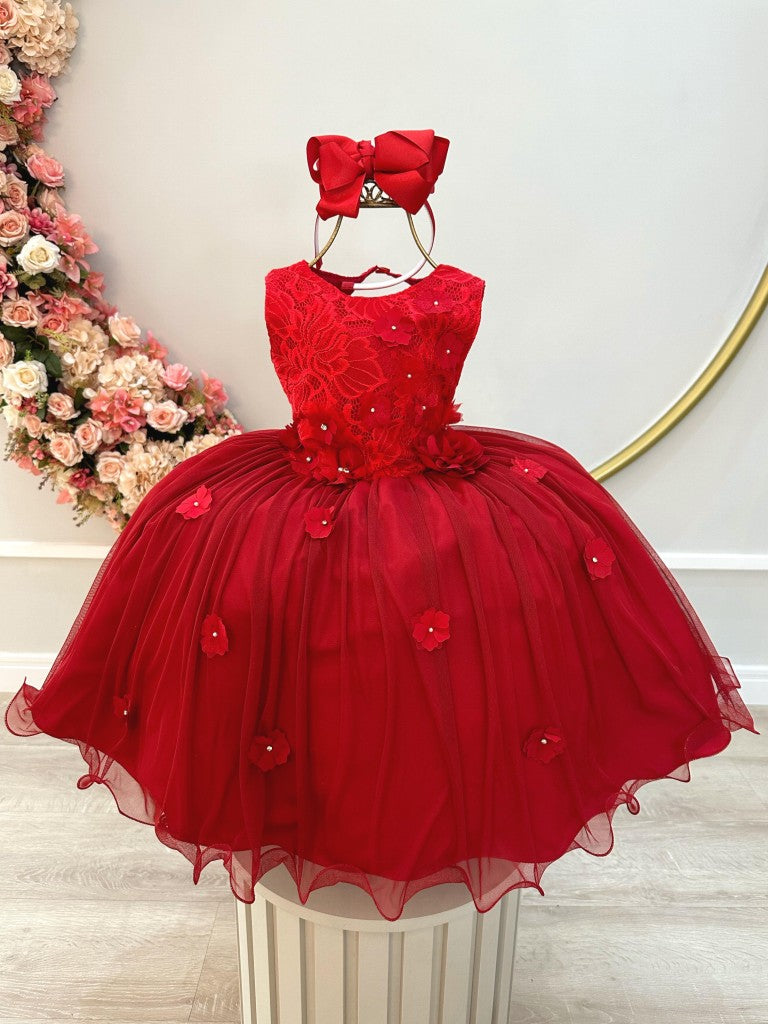 Vestido infantil rojo con encaje y apliques de flores