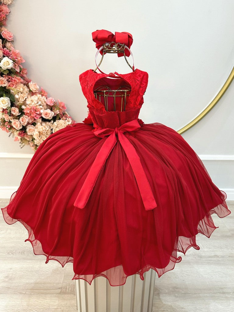 Vestido infantil rojo con encaje y apliques de flores