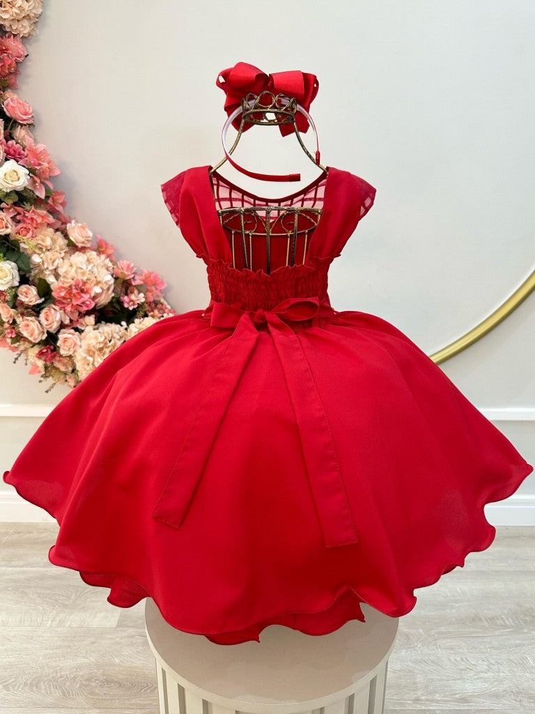 Vestido infantil rojo con cinturón de perlas