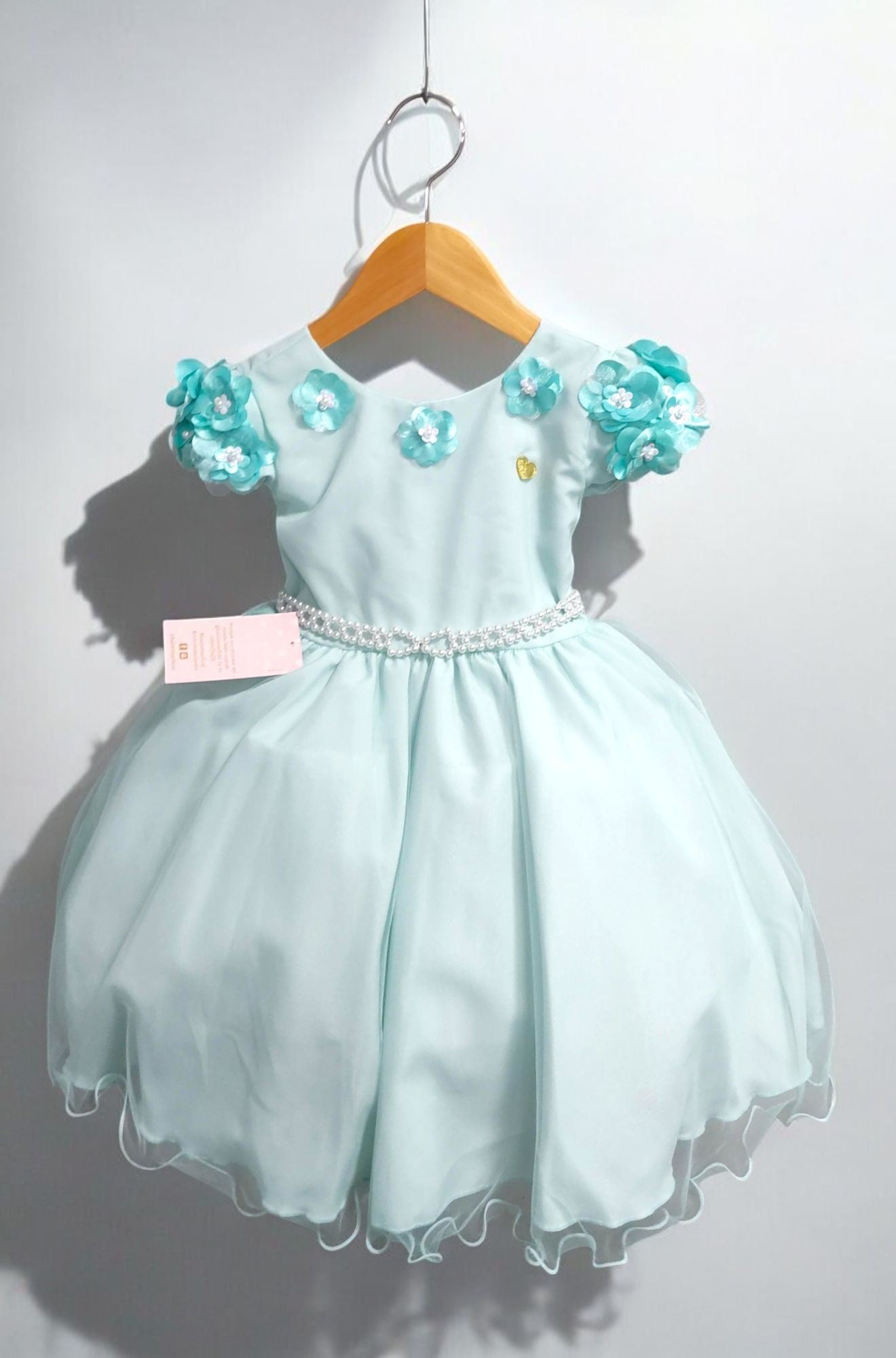 Vestido Infantil Verde Claro Com Apliques de Flores Daminha