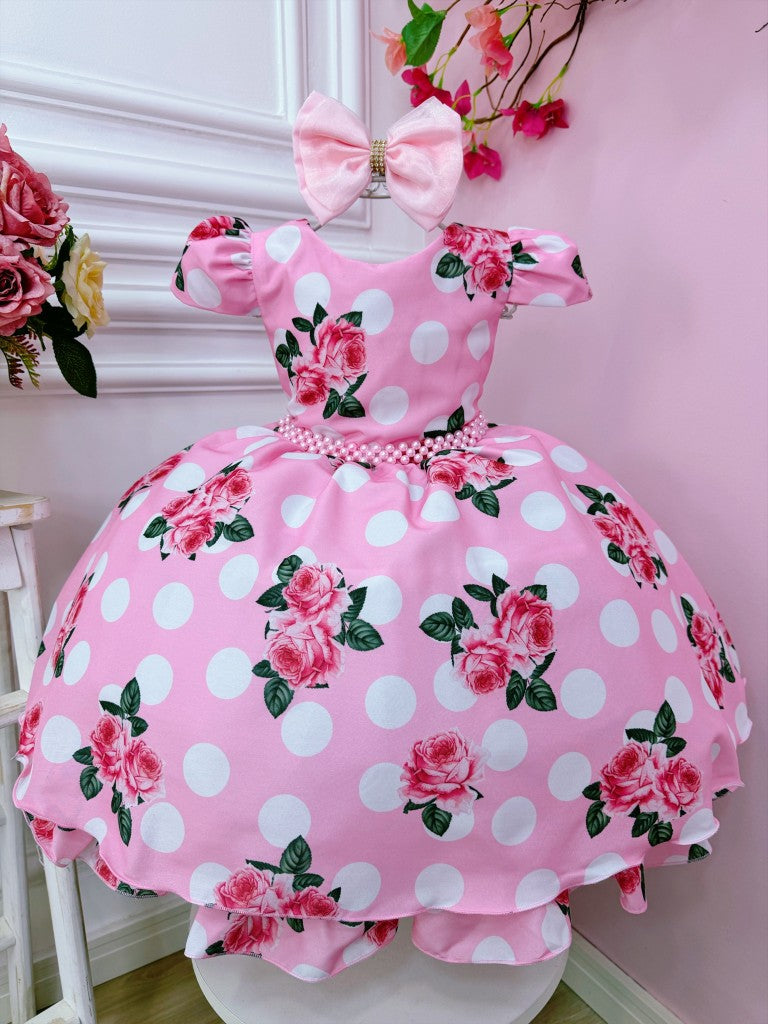 Vestido infantil floral rosa con cinturón de perlas para boda de lujo