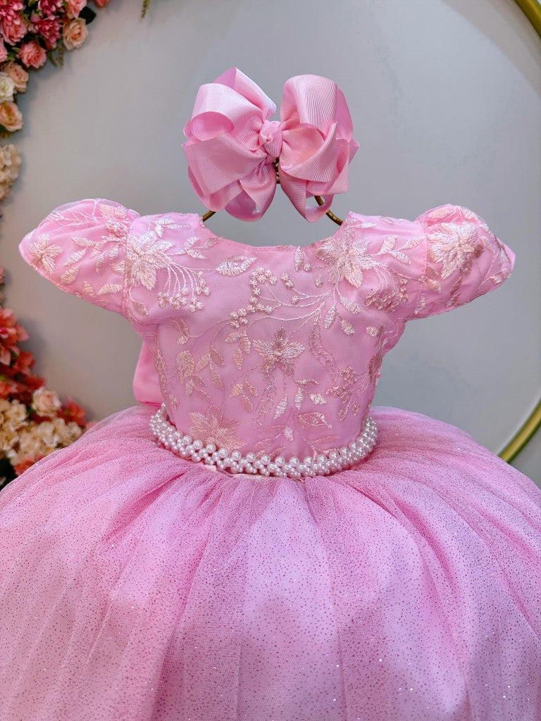 Vestido largo de dama de honor infantil rosa claro con encaje