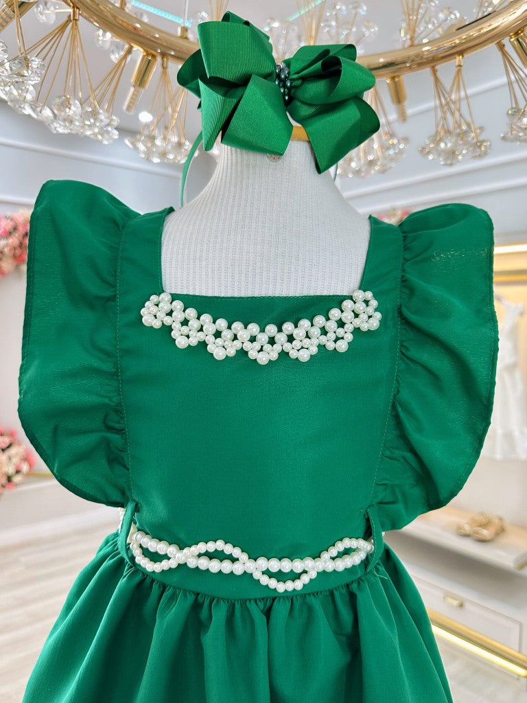 Vestido infantil verde de lujo con perlas para damas de honor