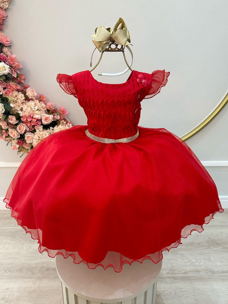 Vestido infantil rojo con busto plisado y falda de organza para fiestas